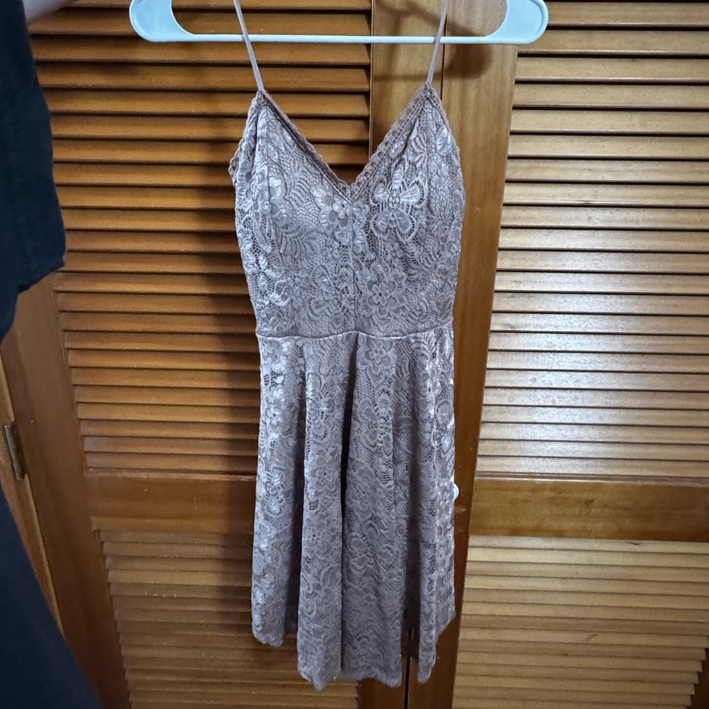 Elegant Lace Spaghetti Strap Dress - A Nude Pink Color